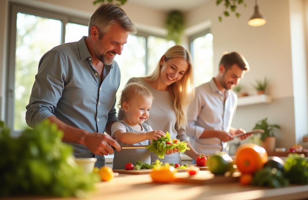 Family cooking a healthy meal together